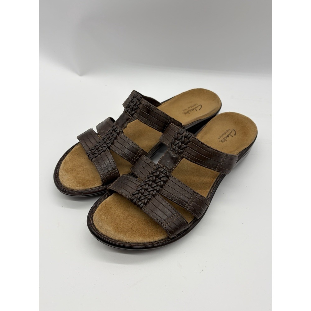 Clarks Women's Bendables Brown Leather Slip On Comfortable Sandals Size 10 Wide